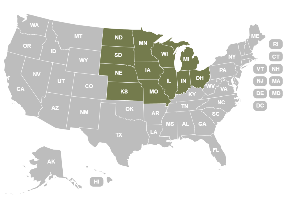 US map with midwest states highlighted