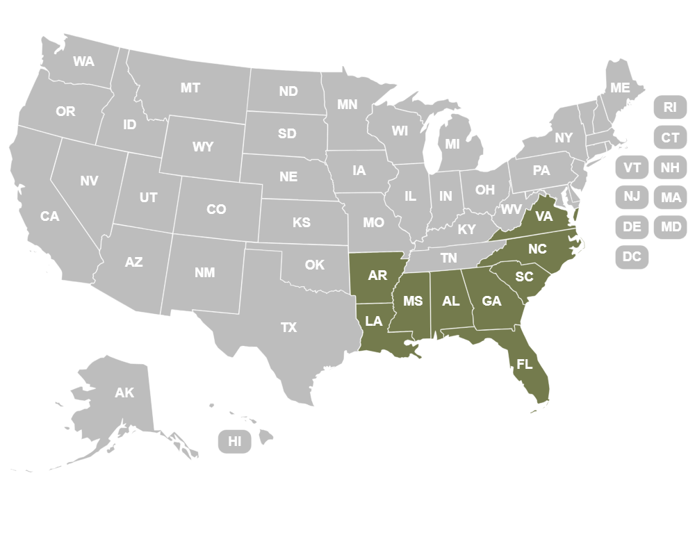 map of US with southeast states highlighted